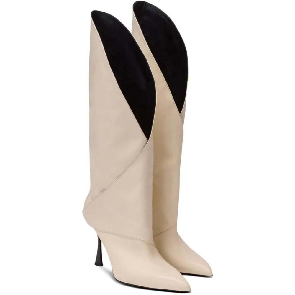 Women's Beige Leather Knee High Boots V-Cut Pointed Toe Stiletto Riding Boots